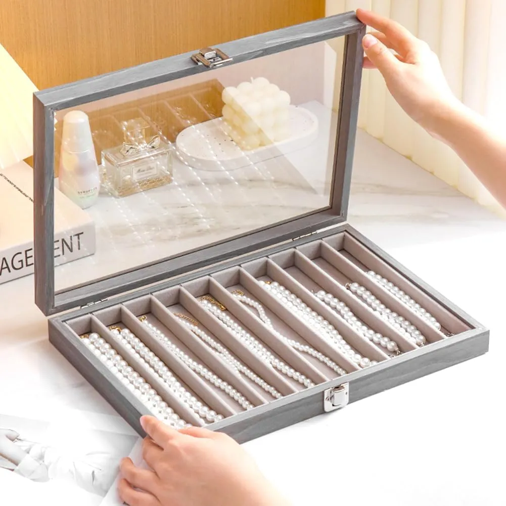 Glass Lid Necklace Organizer Box Transparent Necklace Holder Organizer Velvet Necklace Display Box Clear Lid Jewelry Storage Stackable Necklace Display Case for Women Girls (Grey)