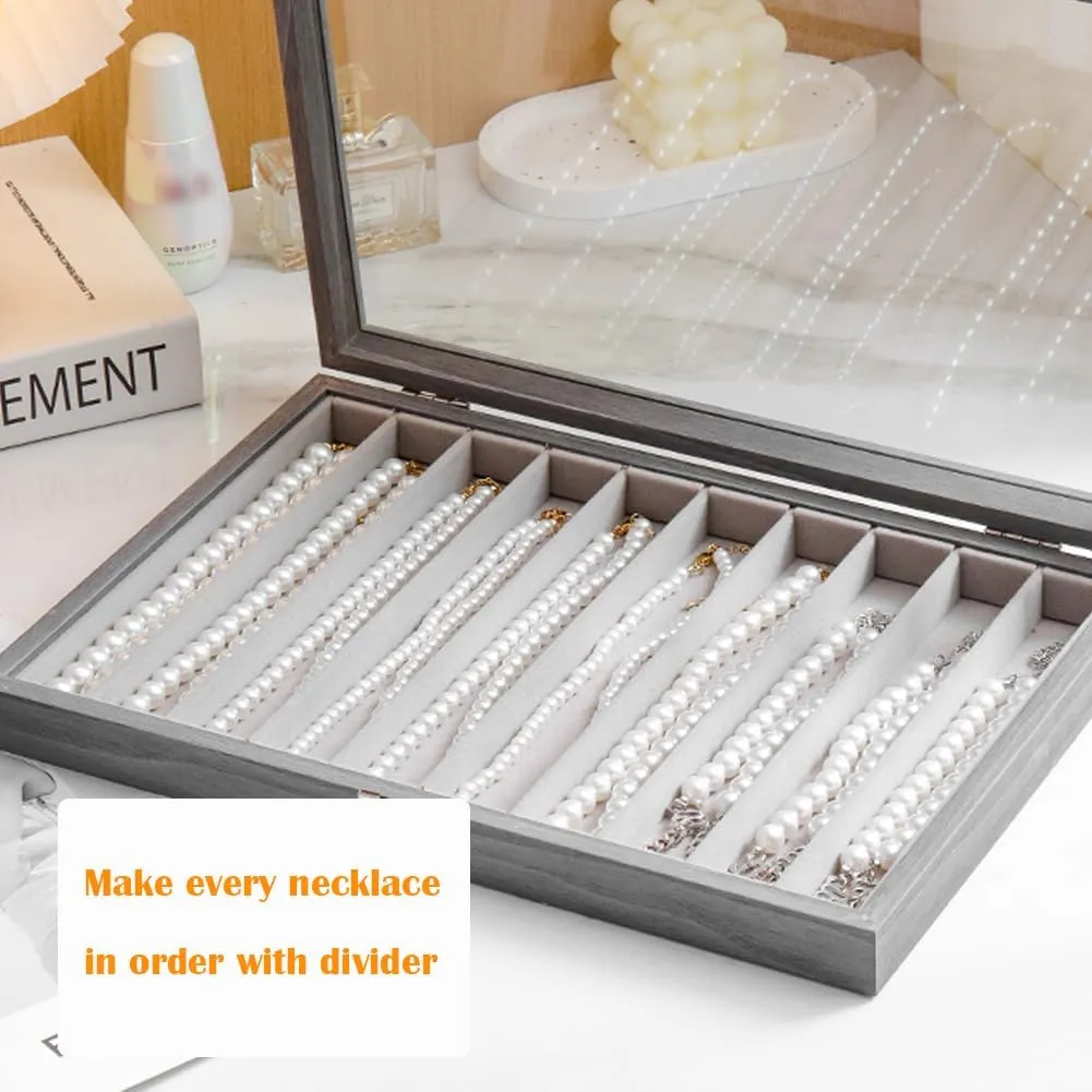 Glass Lid Necklace Organizer Box Transparent Necklace Holder Organizer Velvet Necklace Display Box Clear Lid Jewelry Storage Stackable Necklace Display Case for Women Girls (Grey)