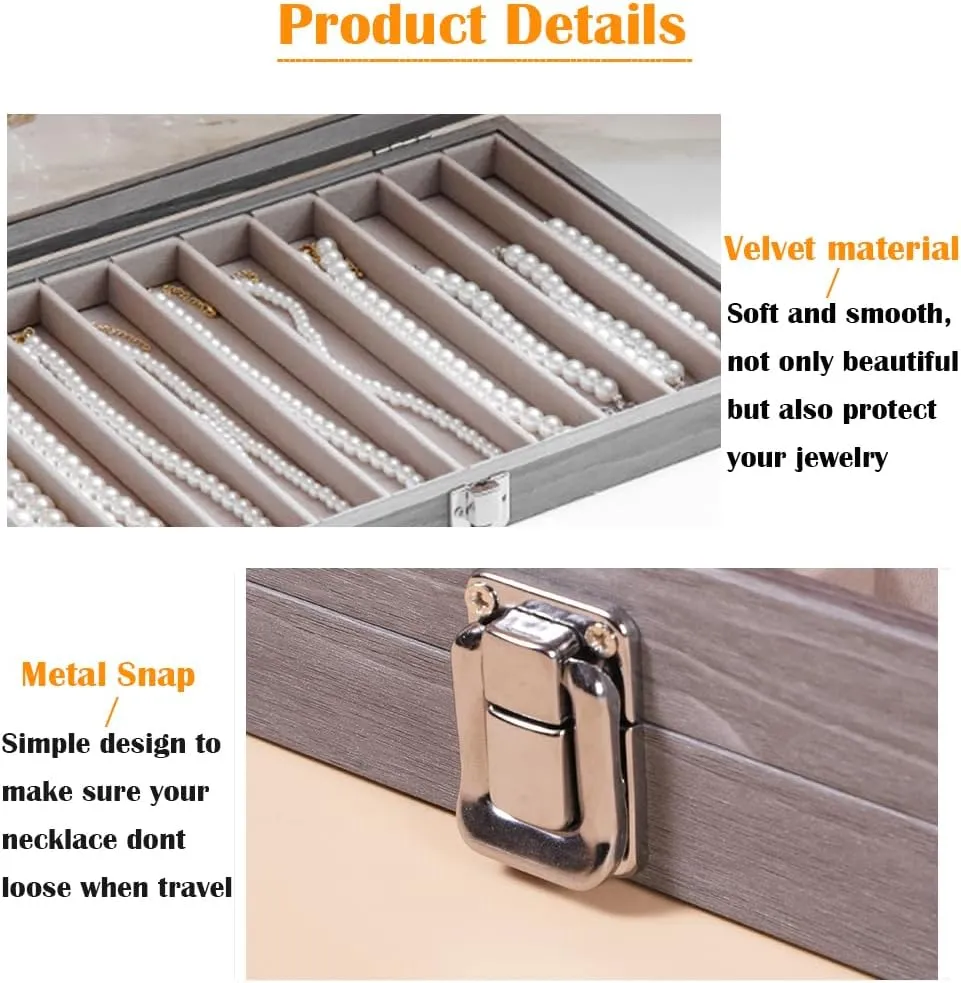 Glass Lid Necklace Organizer Box Transparent Necklace Holder Organizer Velvet Necklace Display Box Clear Lid Jewelry Storage Stackable Necklace Display Case for Women Girls (Grey)