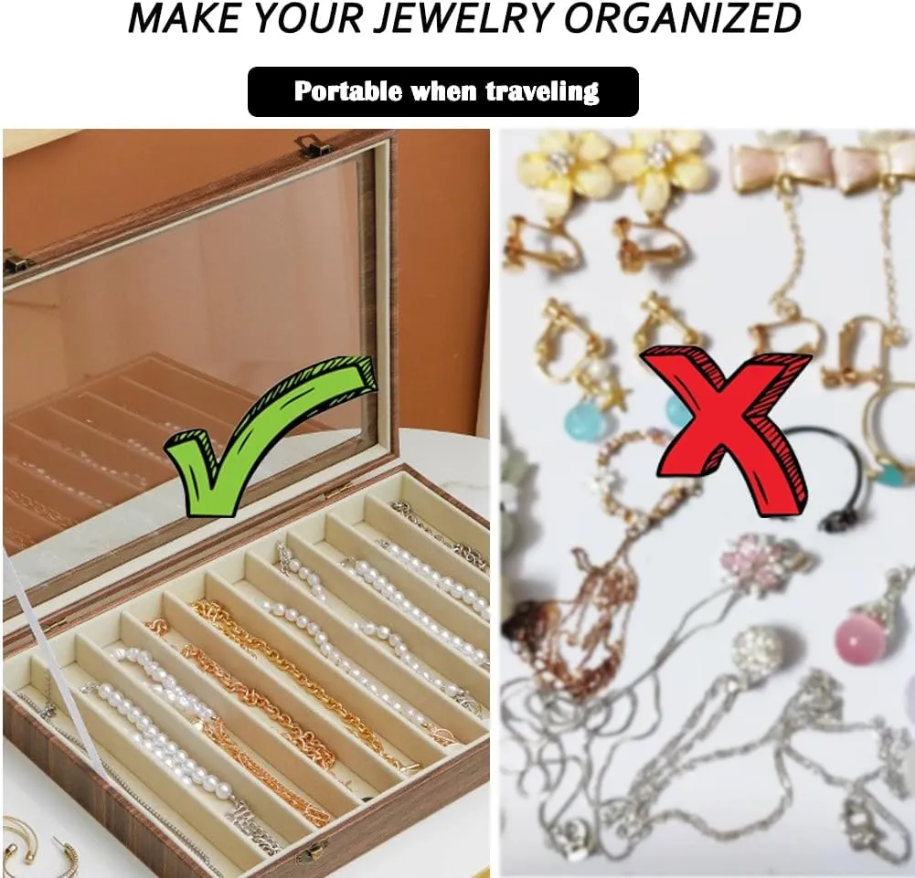 Glass Lid Necklace Organizer Box Transparent Necklace Holder Organizer Velvet Necklace Display Box Clear Lid Jewelry Storage Stackable Necklace Display Case for Women Girls (Style C)