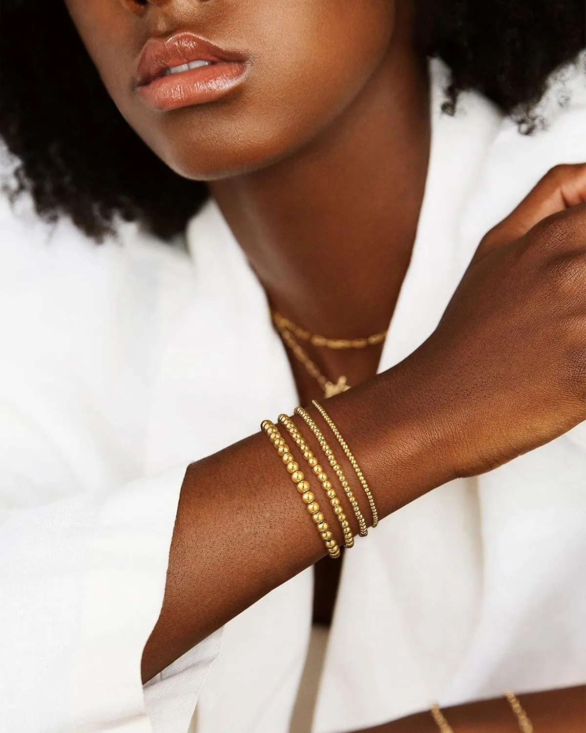 Gold Beaded Bracelets for Women: Waterproof 14k Gold Plated Dainty Stretch Stackable Pearl Bracelet Set Non Tarnish Jewelry for Women Trendy