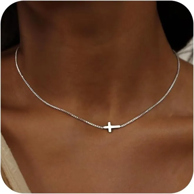 Gold Cross Chain Necklace for Women 14K Plated Gold Cross Necklace Dainty Cross Pendant Necklace Sideways Cross Necklace for Women