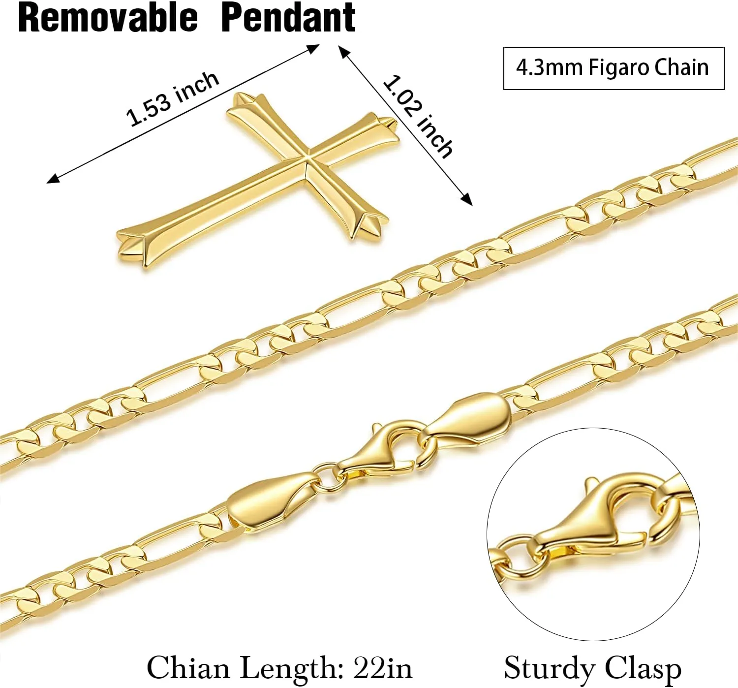 Gold Cross Necklace for Men Cross Necklaces 4.3MM Thick Figaro Chain Engineered for Comfort Dainty 14K Gold Crosses Pendant Necklace 20/22/24in