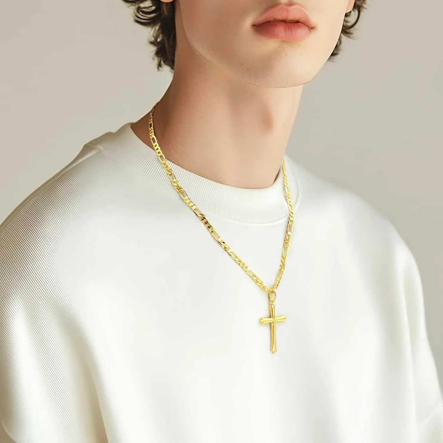 Gold Cross Necklace for Men Cross Necklaces 4.3MM Thick Figaro Chain Engineered for Comfort Dainty 14K Gold Crosses Pendant Necklace 20/22/24in