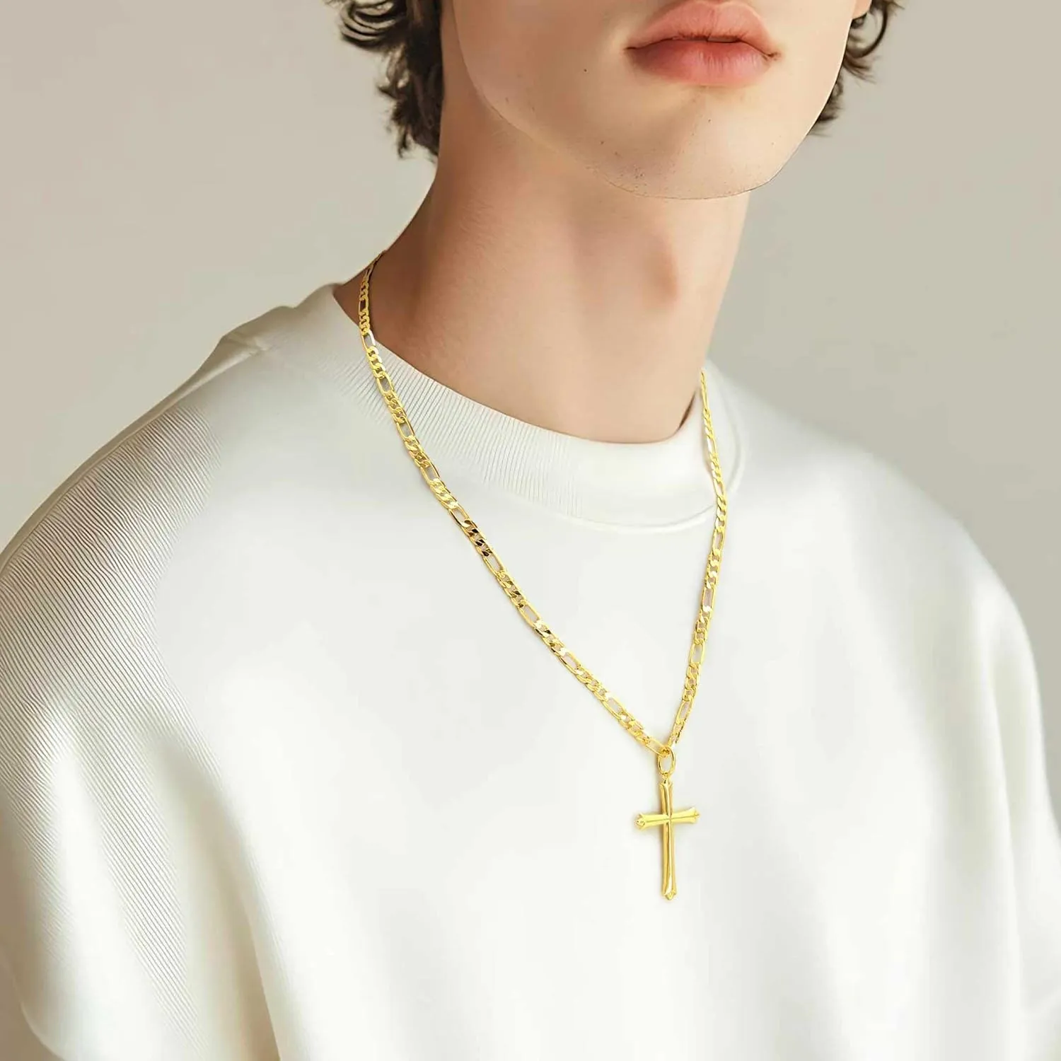 Gold Cross Necklace for Men Cross Necklaces 4.3MM Thick Figaro Chain Engineered for Comfort Dainty 14K Gold Crosses Pendant Necklace 20/22/24in