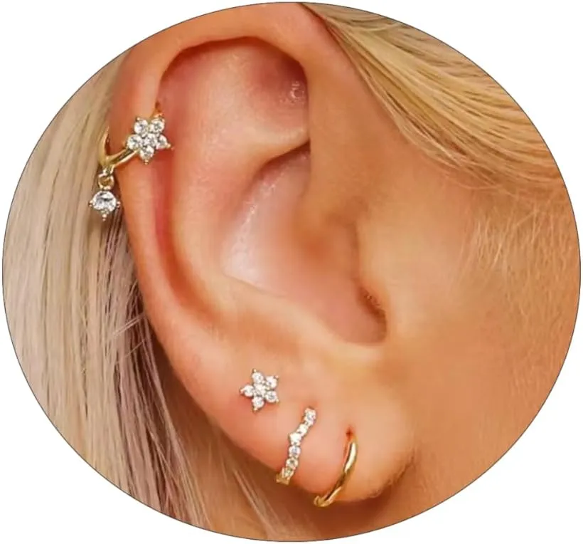 Gold Earrings Set for Women, Dainty 14k Gold/Silver Plated Huggie Hoop Earrings Lightweight Gold Cubic Zirconia Stud Earrings Trendy Hypoallergenic Small Hoop Earrings Set Gold Jewelry Gifts