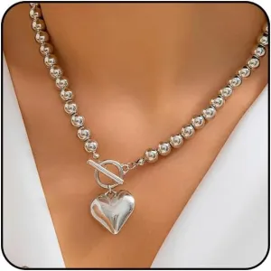 Gold Heart Chunky Necklaces for Women Silver Heart Necklace Big Pearl Choker Necklace Y2k Necklace Pearl Statement Necklace Trendy Jewelry