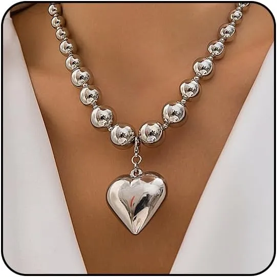 Gold Heart Chunky Necklaces for Women Silver Heart Necklace Big Pearl Choker Necklace Y2k Necklace Pearl Statement Necklace Trendy Jewelry