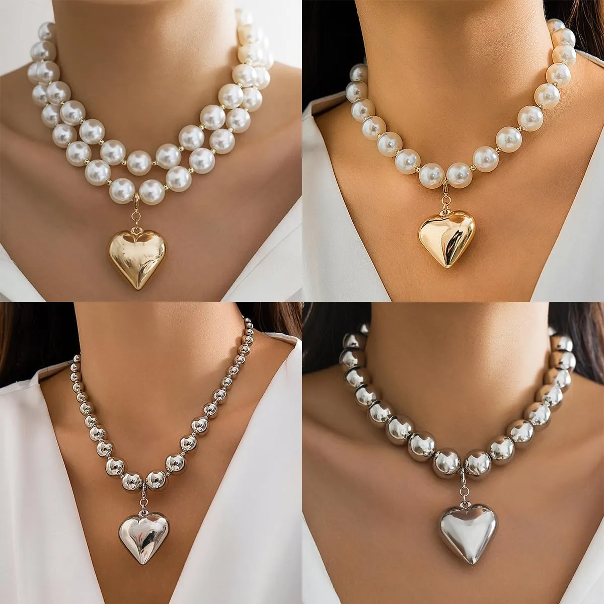 Gold Heart Chunky Necklaces for Women Silver Heart Necklace Big Pearl Choker Necklace Y2k Necklace Pearl Statement Necklace Trendy Jewelry