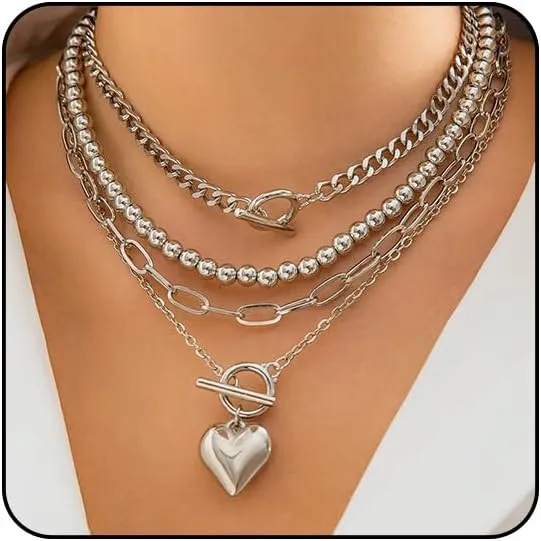 Gold Heart Chunky Necklaces for Women Silver Heart Necklace Big Pearl Choker Necklace Y2k Necklace Pearl Statement Necklace Trendy Jewelry