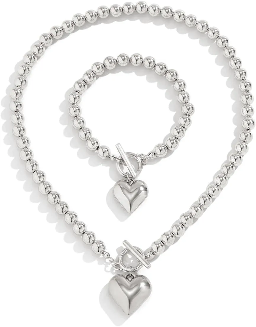 Gold Heart Chunky Necklaces for Women Silver Heart Necklace Big Pearl Choker Necklace Y2k Necklace Pearl Statement Necklace Trendy Jewelry