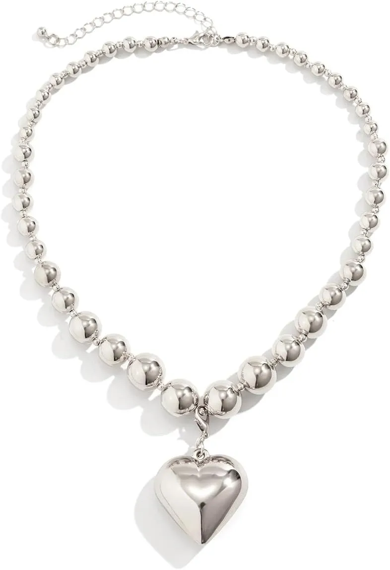 Gold Heart Chunky Necklaces for Women Silver Heart Necklace Big Pearl Choker Necklace Y2k Necklace Pearl Statement Necklace Trendy Jewelry