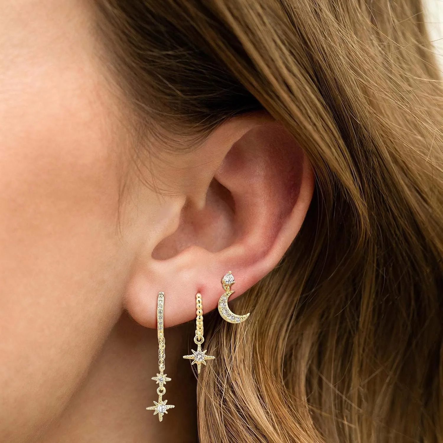 Gold Hoop Earrings Set for Women, 14K Huggie Earrings for Single or Multiple Piercing, Hypoallergenic Chunky Sterling Silver Stud Earrings Jewelry, Dainty Cartilage Studs and Stacks