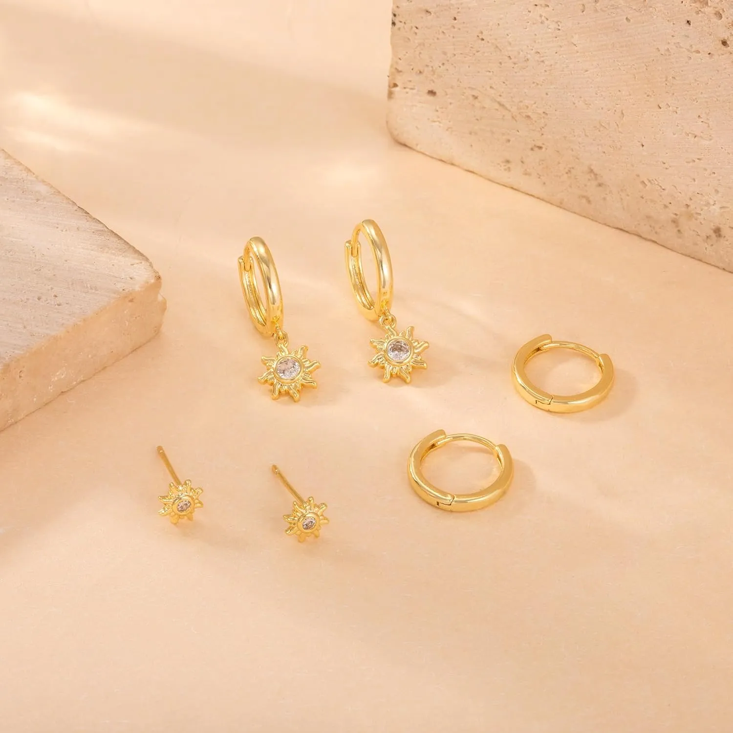 Gold Hoop Earrings Set for Women, Dainty 14K Gold Plated Earrings Gold CZ Heart Sun Leaf Star Tear Earrings Set Hypoallergenic Lightweight Hoop Earrings Charm Fashion Jewelry Gifts for Women