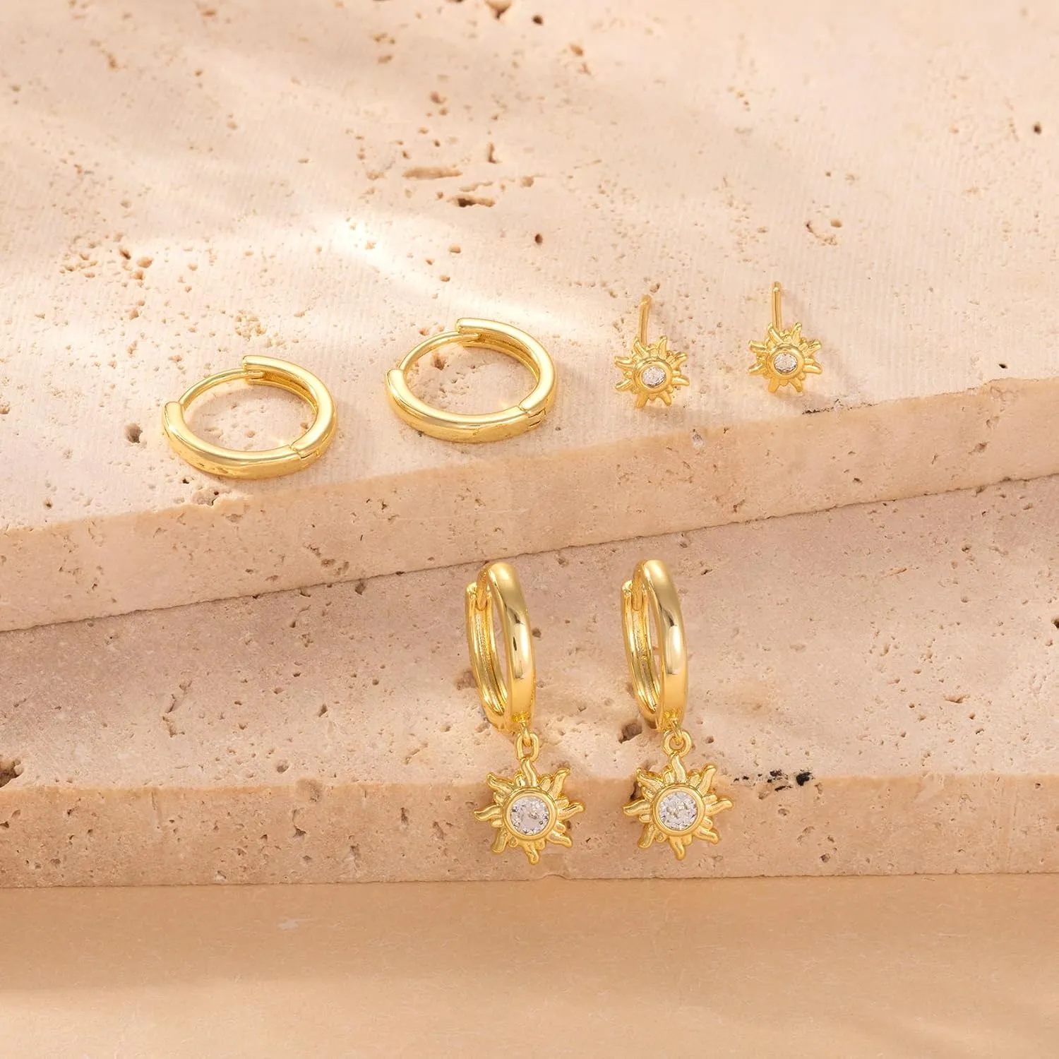 Gold Hoop Earrings Set for Women, Dainty 14K Gold Plated Earrings Gold CZ Heart Sun Leaf Star Tear Earrings Set Hypoallergenic Lightweight Hoop Earrings Charm Fashion Jewelry Gifts for Women