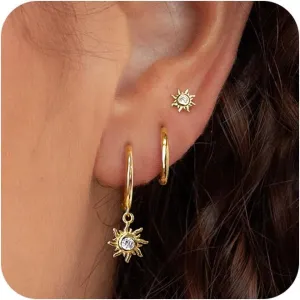 Gold Hoop Earrings Set for Women, Dainty 14K Gold Plated Earrings Gold CZ Heart Sun Leaf Star Tear Earrings Set Hypoallergenic Lightweight Hoop Earrings Charm Fashion Jewelry Gifts for Women