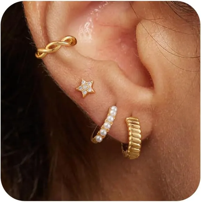 Gold Hoop Earrings Set for Women - Trendy 14K Gold Plated Dainty Huggie Earrings - Studs, Cartilage Earrings - Hypoallergenic - Jewelry Gifts for Women
