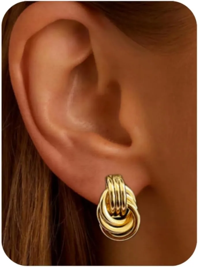 Gold Huggie Hoop Earrings for Women -Chunky Gold Hoop Earrings for Women -Hypoallergenic 18k Gold Plated Earrings -Knot Link Circle Geometric Drop Dangle Earrings Trendy Jewelry Fashion Gifts
