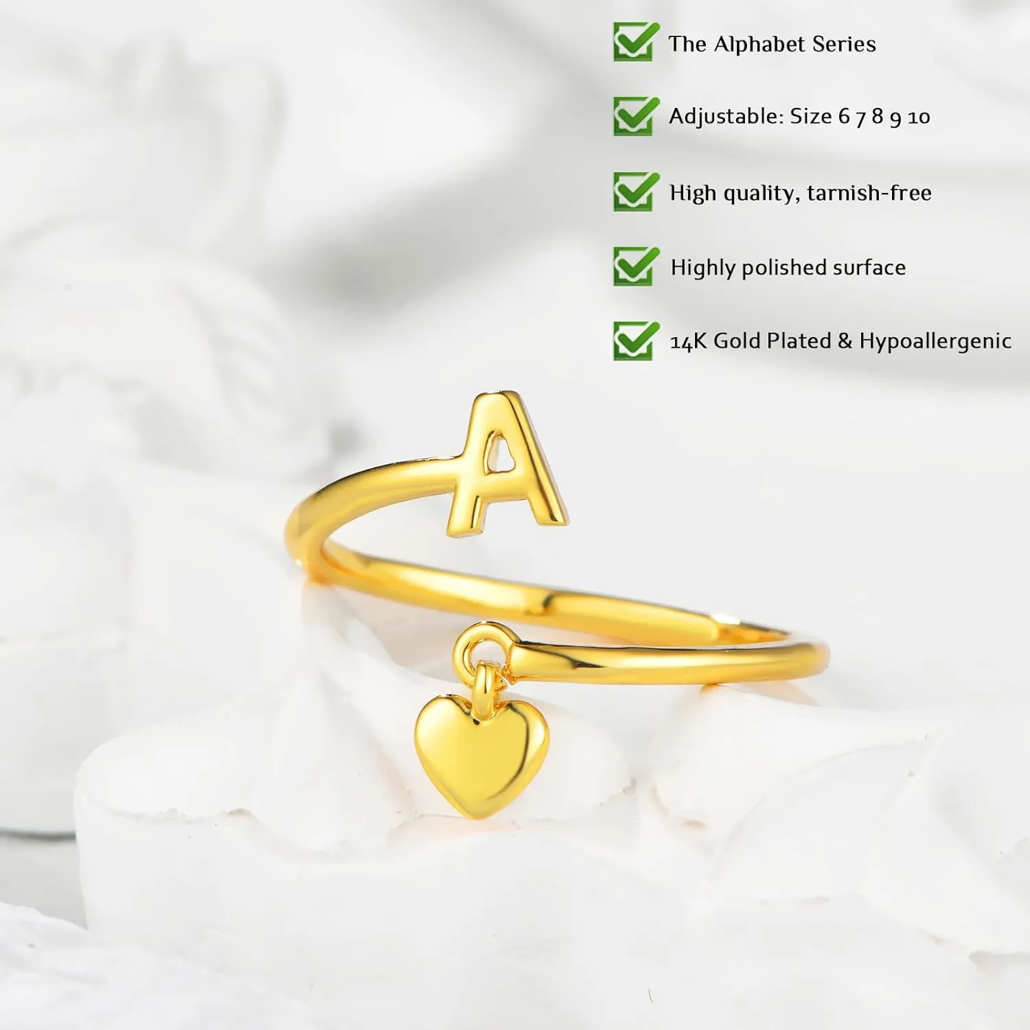Gold Initial Rings for Women 14K Gold Plated Adjustable Rings Dainty Heart Stackable Letter Rings Alphabet Letter A to Z Resizable Knuckle Ring Jewelry Gifts for Women