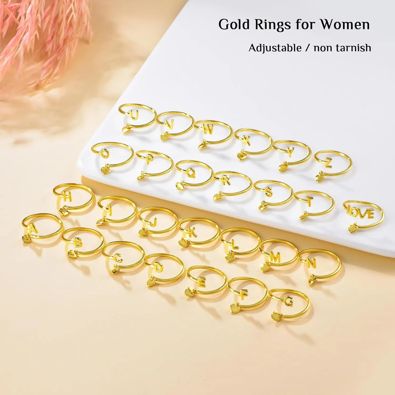 Gold Initial Rings for Women 14K Gold Plated Adjustable Rings Dainty Heart Stackable Letter Rings Alphabet Letter A to Z Resizable Knuckle Ring Jewelry Gifts for Women