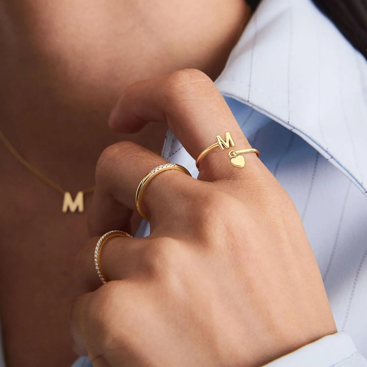 Gold Initial Rings for Women 14K Gold Plated Adjustable Rings Dainty Heart Stackable Letter Rings Alphabet Letter A to Z Resizable Knuckle Ring Jewelry Gifts for Women