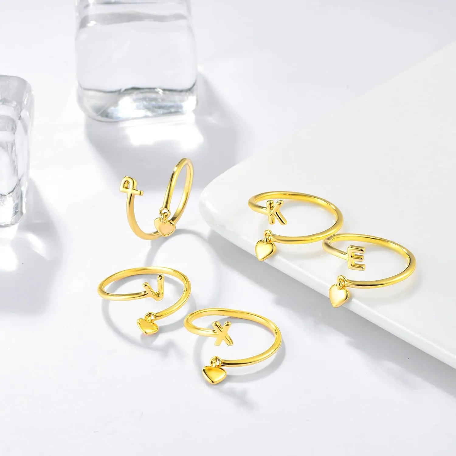 Gold Initial Rings for Women 14K Gold Plated Adjustable Rings Dainty Heart Stackable Letter Rings Alphabet Letter A to Z Resizable Knuckle Ring Jewelry Gifts for Women