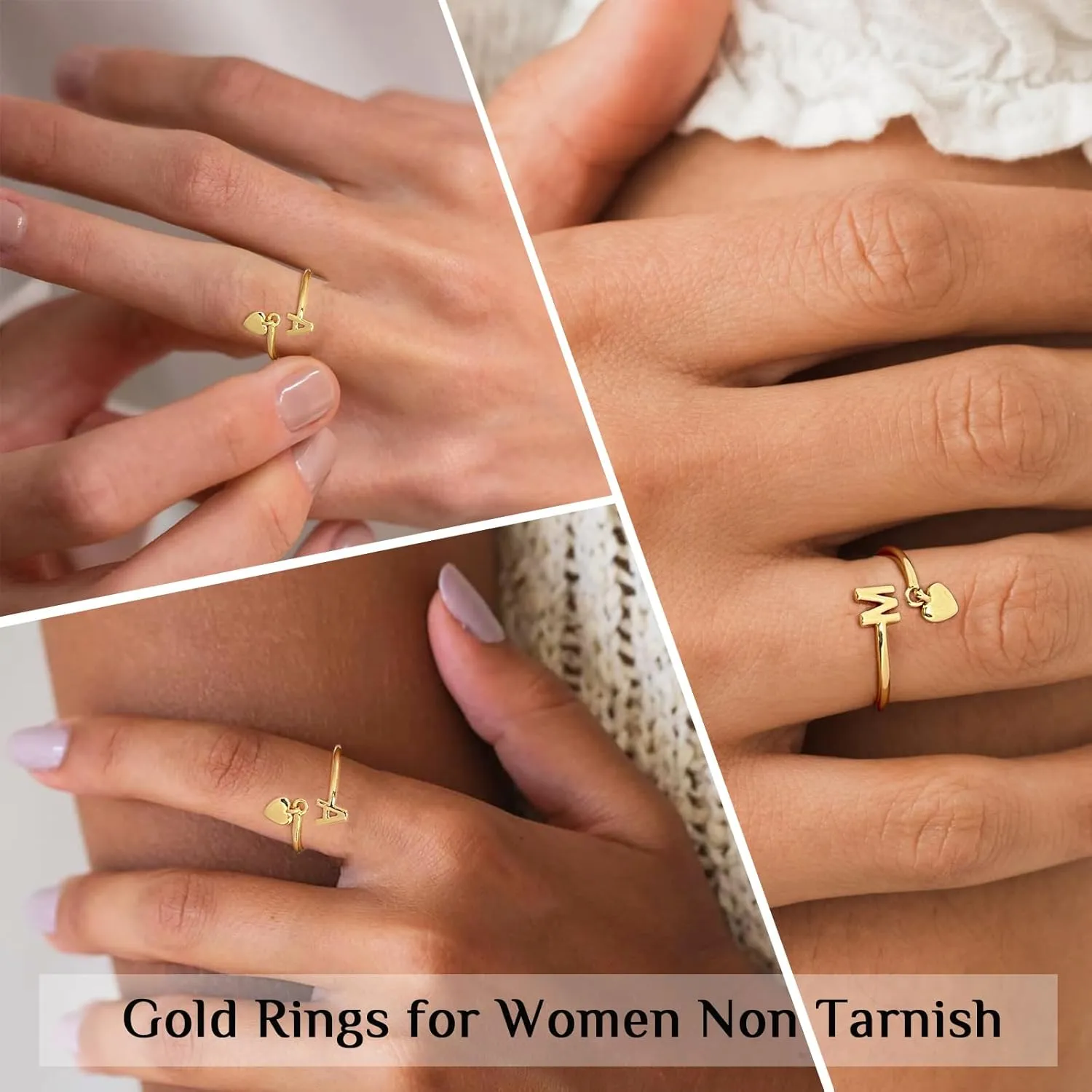 Gold Initial Rings for Women 14K Gold Plated Adjustable Rings Dainty Heart Stackable Letter Rings Alphabet Letter A to Z Resizable Knuckle Ring Jewelry Gifts for Women