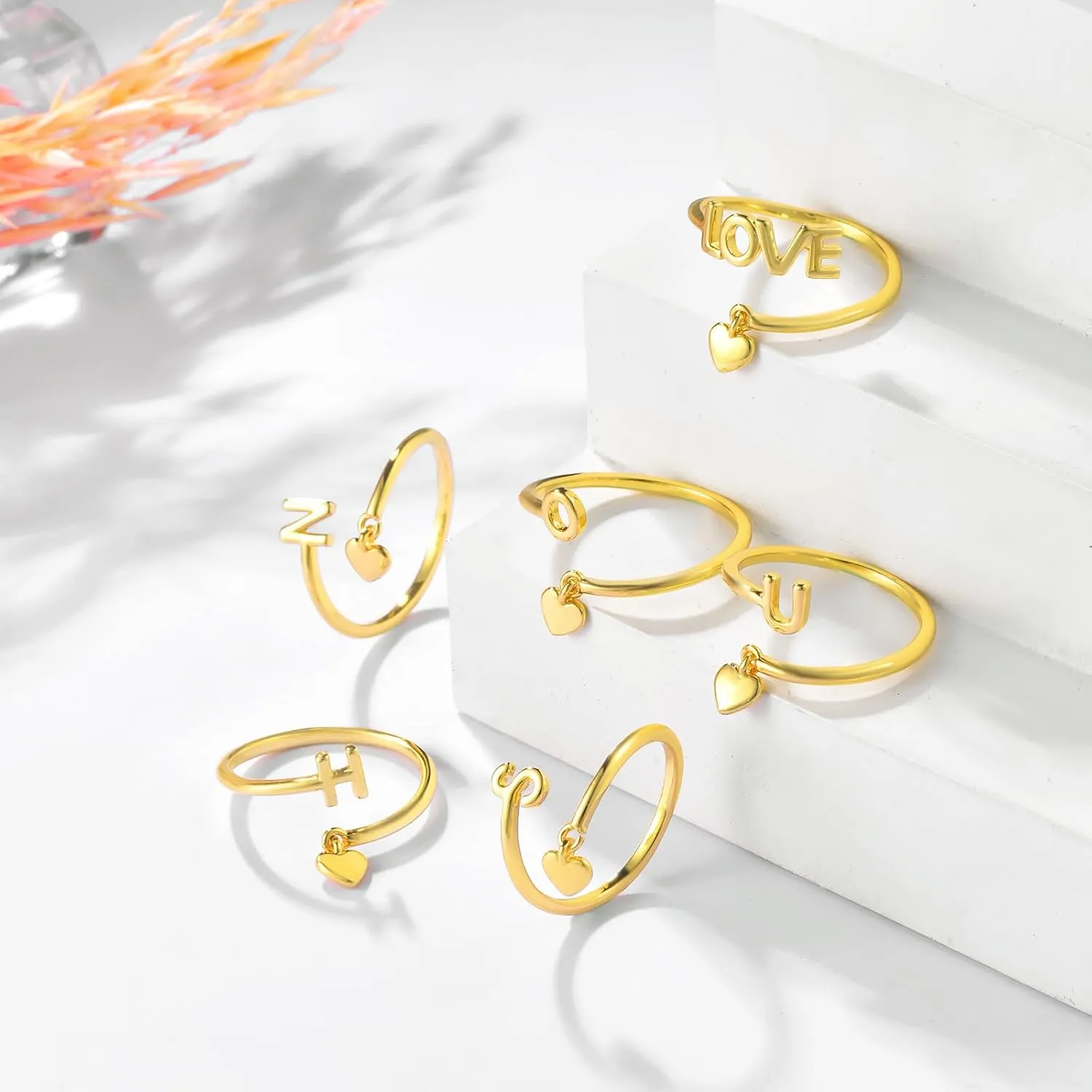 Gold Initial Rings for Women 14K Gold Plated Adjustable Rings Dainty Heart Stackable Letter Rings Alphabet Letter A to Z Resizable Knuckle Ring Jewelry Gifts for Women