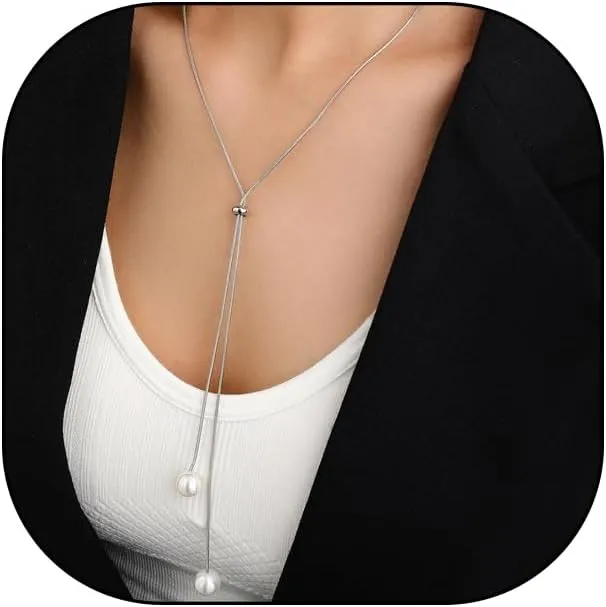 Gold Lariat Necklaces for Women Dainty Long Pearl Snake Chain Necklace Adjustable Simple Pearl Pendant Y Necklace Trendy Costume Jewelry Presents