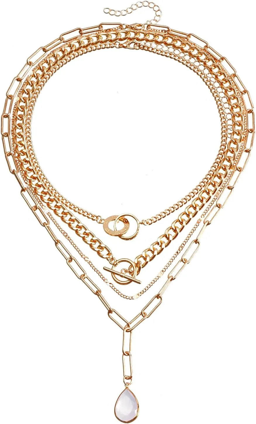 Gold Layered Necklace Adjustable Multilaye Chunky Paperclip Circle Chain Necklace Layering Chain Gold Plated Necklaces Set Cuban Chain Toggle Clasp Jewelry