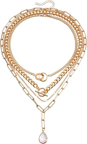 Gold Layered Necklace Adjustable Multilaye Chunky Paperclip Circle Chain Necklace Layering Chain Gold Plated Necklaces Set Cuban Chain Toggle Clasp Jewelry