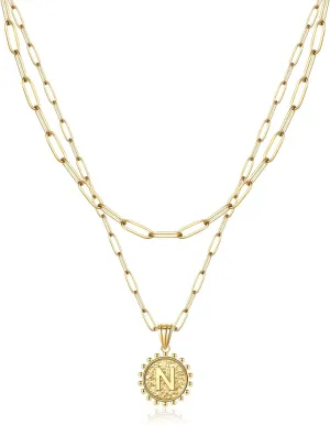 Gold Layered Necklaces For Women 14k Gold Plated Paperclip Chain Necklace Dainty Cute Hexagon Letter Pendant Choker