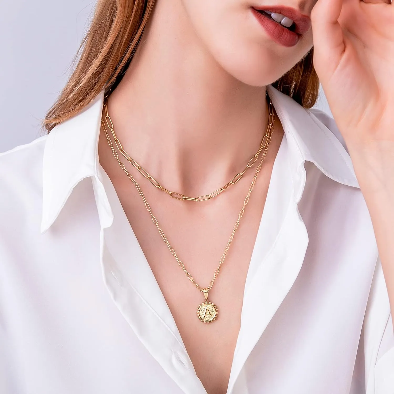 Gold Layered Necklaces For Women 14k Gold Plated Paperclip Chain Necklace Dainty Cute Hexagon Letter Pendant Choker