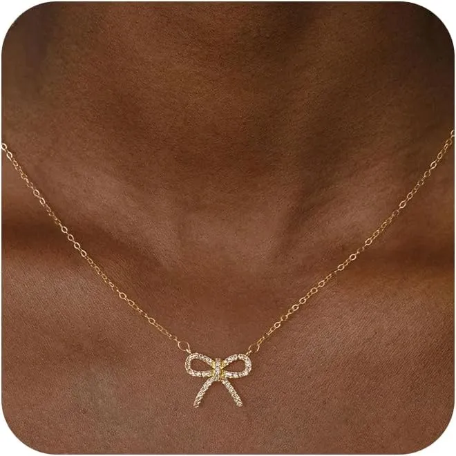 Gold Necklace for Women Dainty Bow Necklace 14K Gold Plated Neckalce Tiny Bow Pendant Choker Chain Trendy Cute Bowknot Necklace Jewelry for Gift
