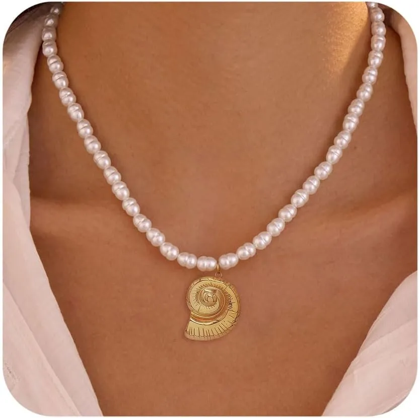 Gold Pearl Necklace for Women Trend Boho Starfish Shell Moon Sun Charm Pendant Pearl Choker Necklaces Summer Beach Jewelry for Women Gift