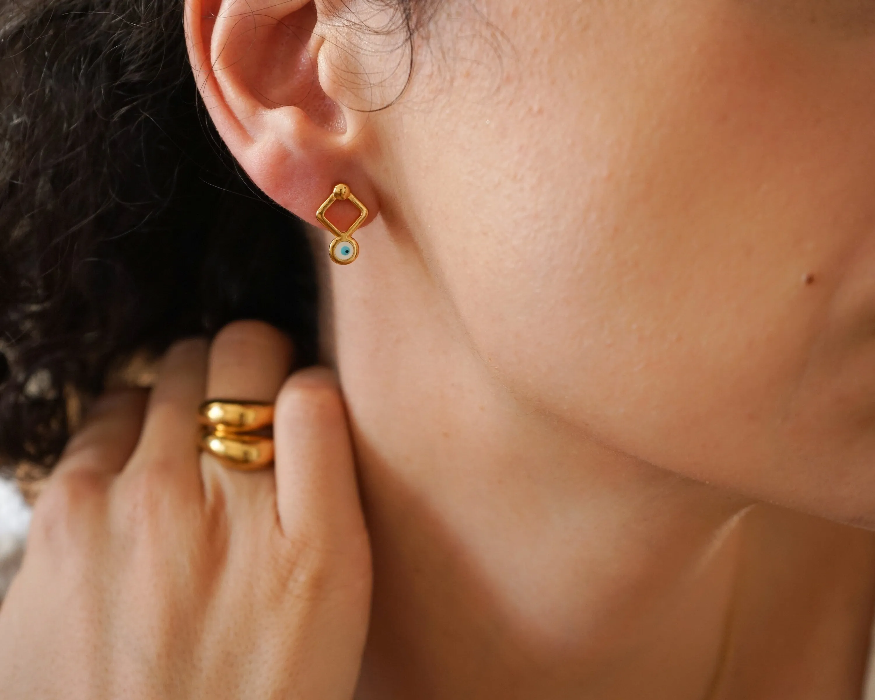 Gold Plated Evil Eye Rhombus Studs - Small Dainty Celestial Earrings