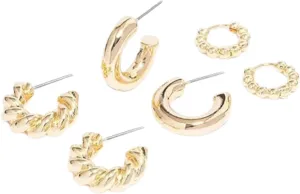 Gold Plated Small Textured Hoop Earring 3-Pack I Set of Stylish and Chic Earrings I Hypoallergenic I Durable and Comfortable I Perfect for Daily Wear