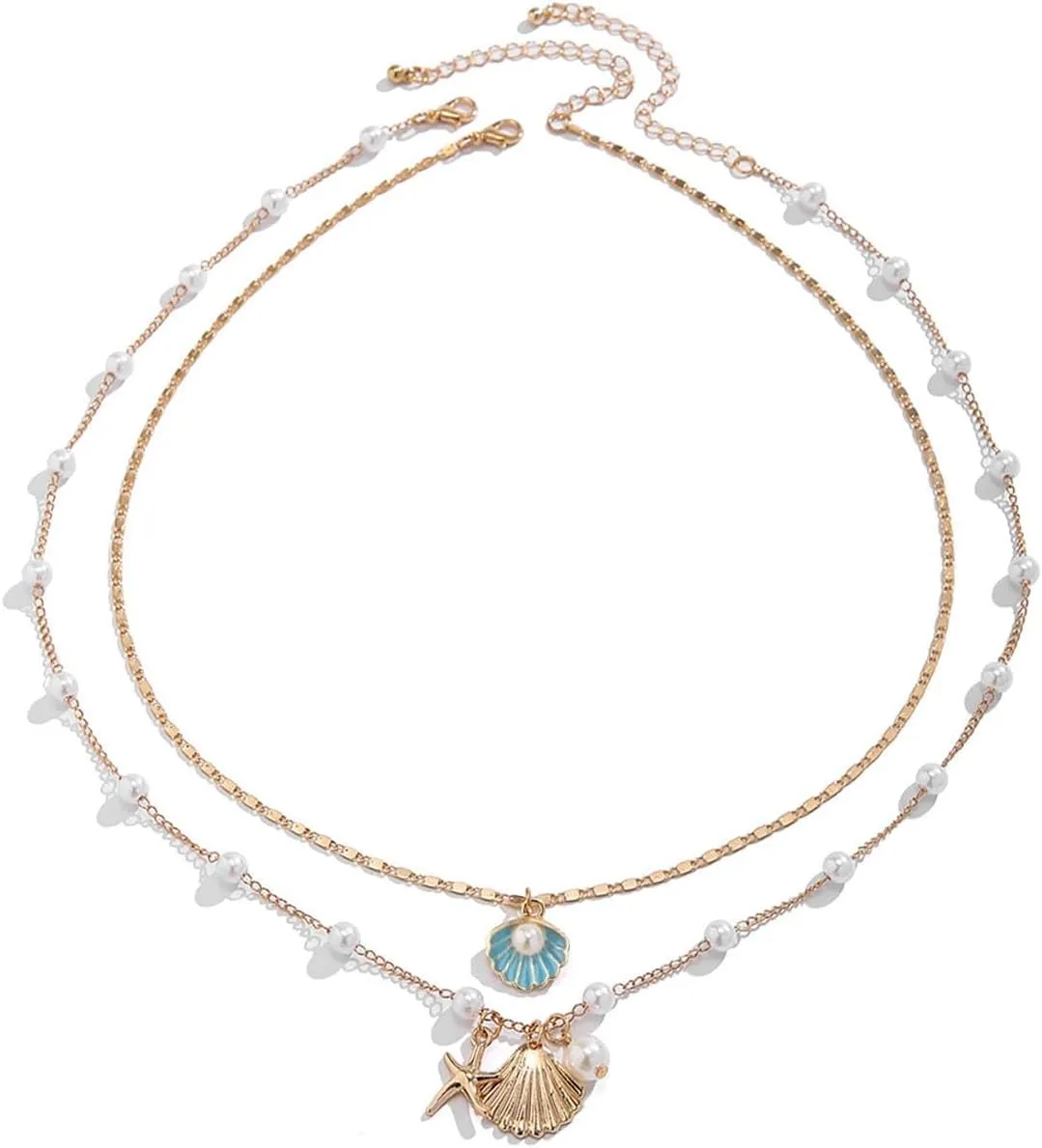 Gold Sea Shell Layered Necklace for Women Dainty Bohemian Pearl Shell Starfish Pendant Necklace Summer Beach Shell Charm Necklaces Summer Jewelry Gifts for Women