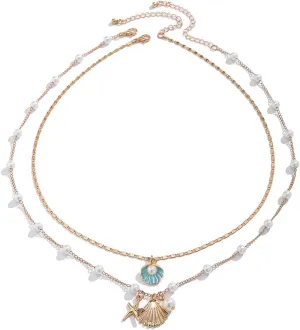 Gold Sea Shell Layered Necklace for Women Dainty Bohemian Pearl Shell Starfish Pendant Necklace Summer Beach Shell Charm Necklaces Summer Jewelry Gifts for Women