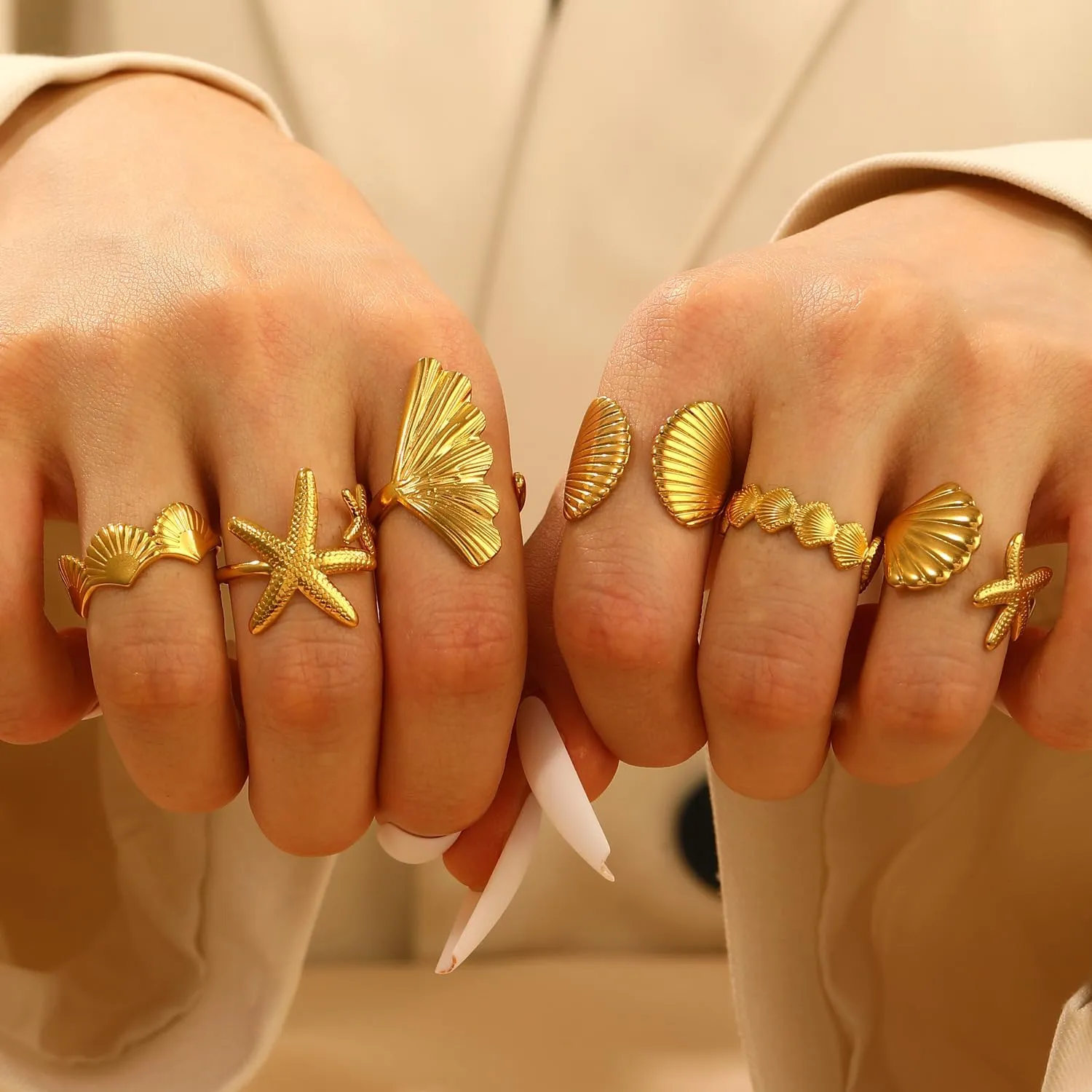 Gold Seashell Starfish Ring Set, 6 Pcs Beach Summer Chunky Stackable Beachy Wave Non Tarnish Stainless Steel Adjustable Dainty Statement Rings Holiday Jewelry Gift