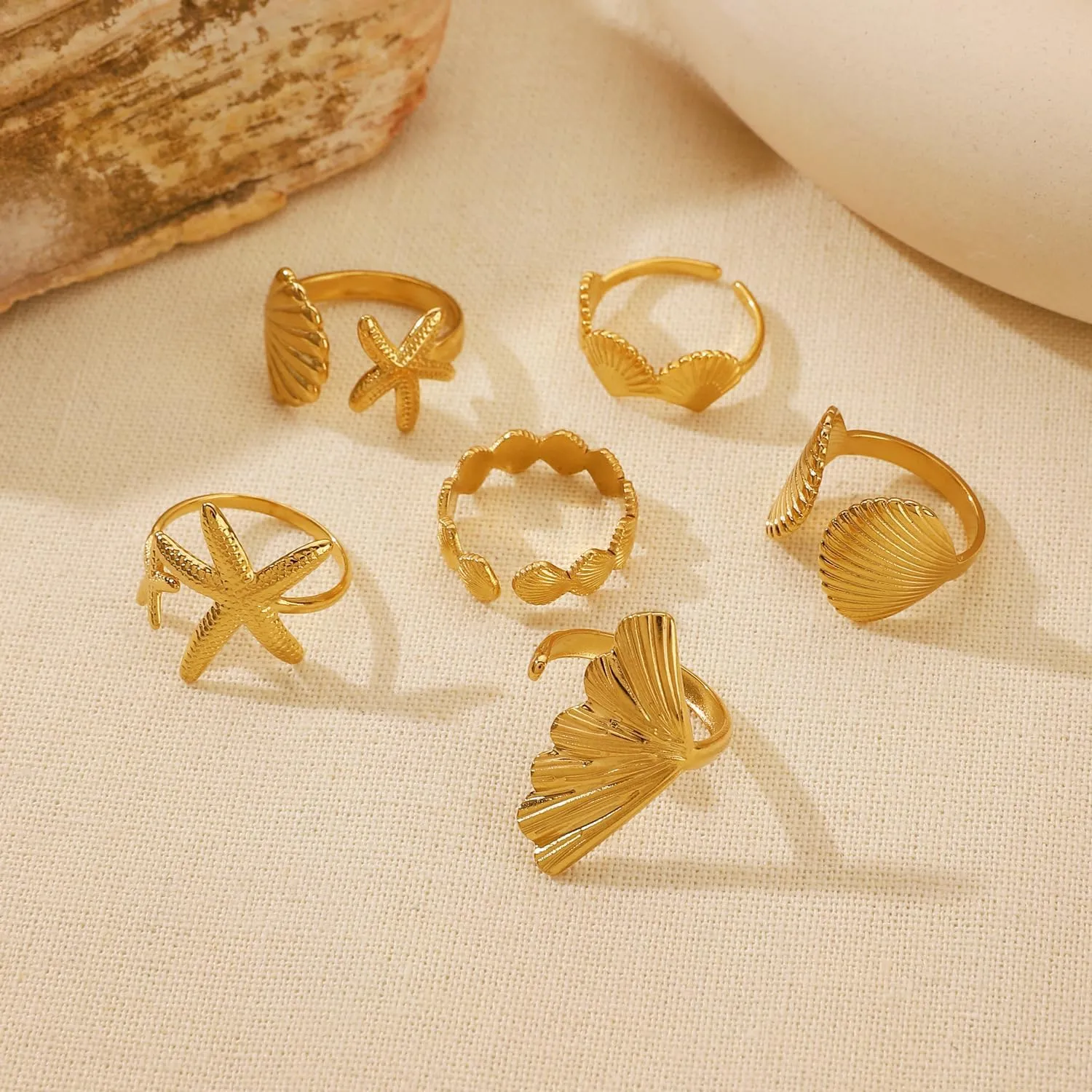 Gold Seashell Starfish Ring Set, 6 Pcs Beach Summer Chunky Stackable Beachy Wave Non Tarnish Stainless Steel Adjustable Dainty Statement Rings Holiday Jewelry Gift