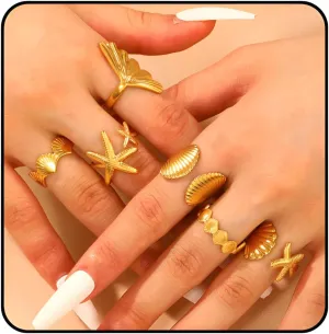 Gold Seashell Starfish Ring Set, 6 Pcs Beach Summer Chunky Stackable Beachy Wave Non Tarnish Stainless Steel Adjustable Dainty Statement Rings Holiday Jewelry Gift