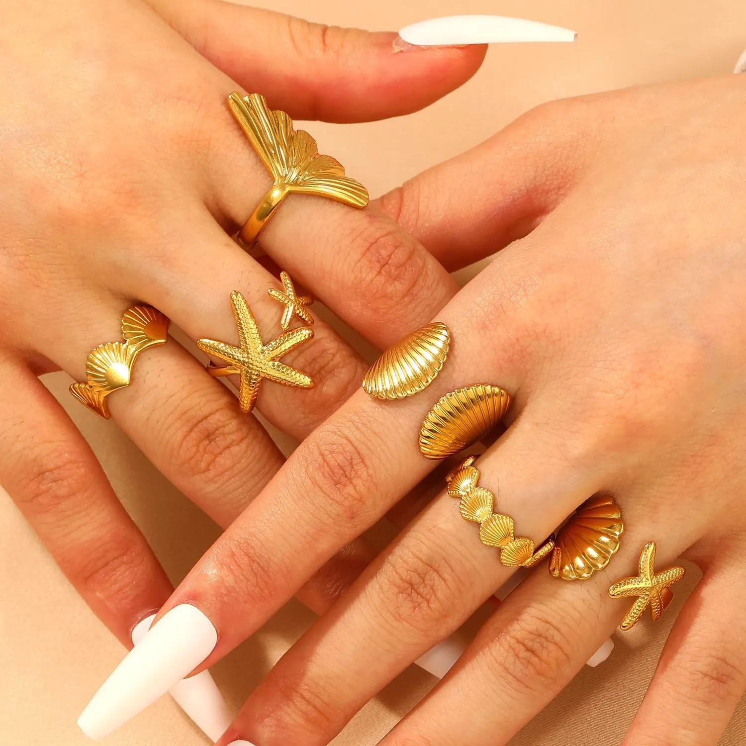 Gold Seashell Starfish Ring Set, 6 Pcs Beach Summer Chunky Stackable Beachy Wave Non Tarnish Stainless Steel Adjustable Dainty Statement Rings Holiday Jewelry Gift