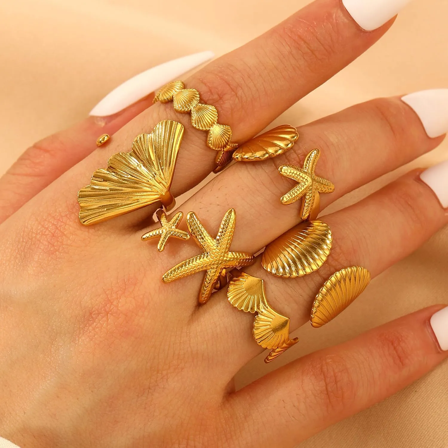 Gold Seashell Starfish Ring Set, 6 Pcs Beach Summer Chunky Stackable Beachy Wave Non Tarnish Stainless Steel Adjustable Dainty Statement Rings Holiday Jewelry Gift