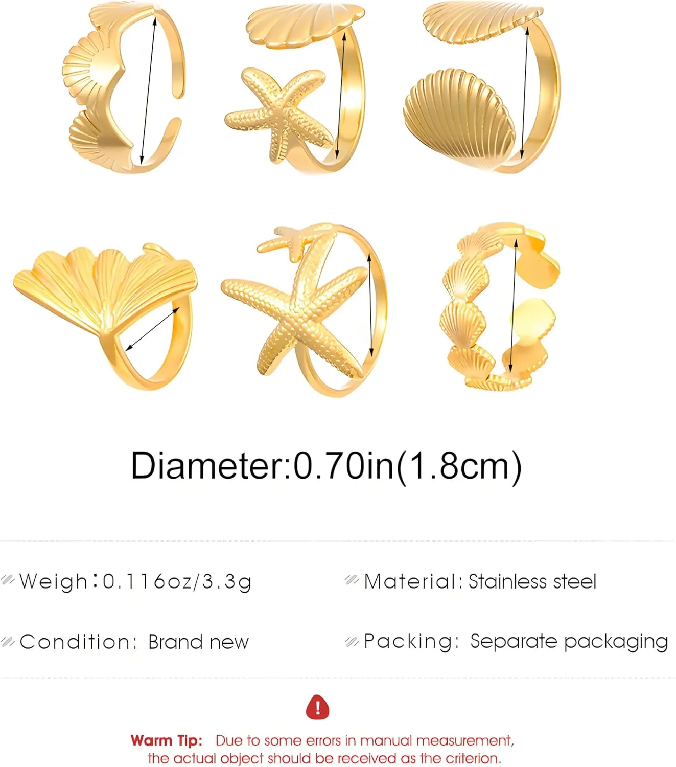 Gold Seashell Starfish Ring Set, 6 Pcs Beach Summer Chunky Stackable Beachy Wave Non Tarnish Stainless Steel Adjustable Dainty Statement Rings Holiday Jewelry Gift