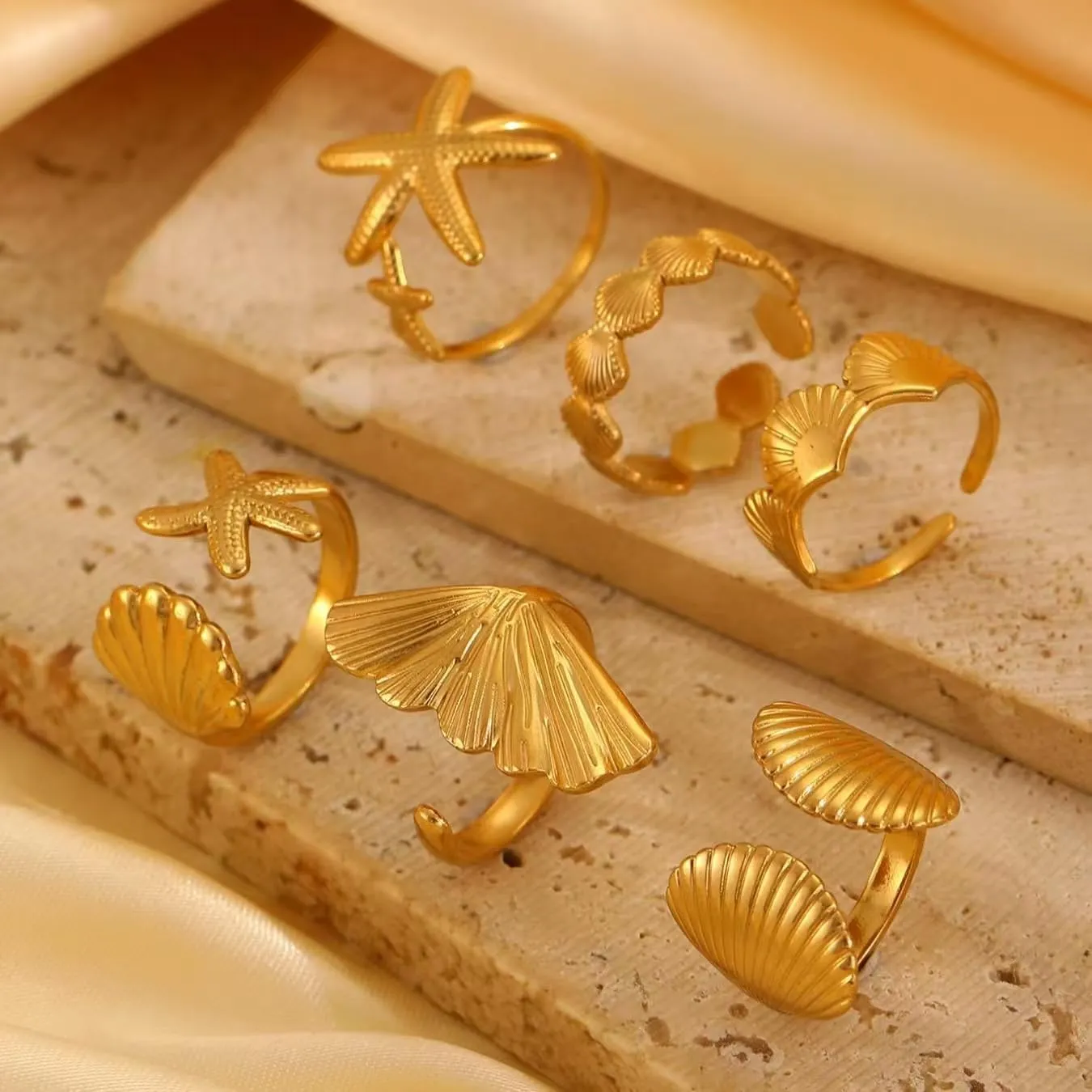 Gold Seashell Starfish Ring Set, 6 Pcs Beach Summer Chunky Stackable Beachy Wave Non Tarnish Stainless Steel Adjustable Dainty Statement Rings Holiday Jewelry Gift