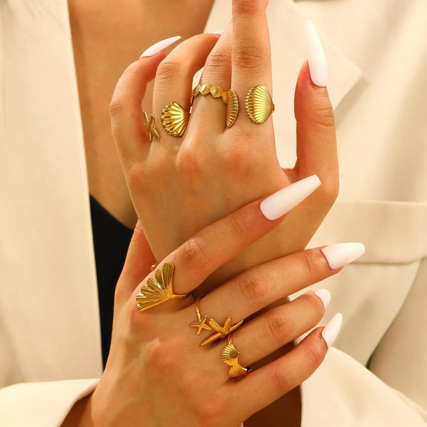 Gold Seashell Starfish Ring Set, 6 Pcs Beach Summer Chunky Stackable Beachy Wave Non Tarnish Stainless Steel Adjustable Dainty Statement Rings Holiday Jewelry Gift