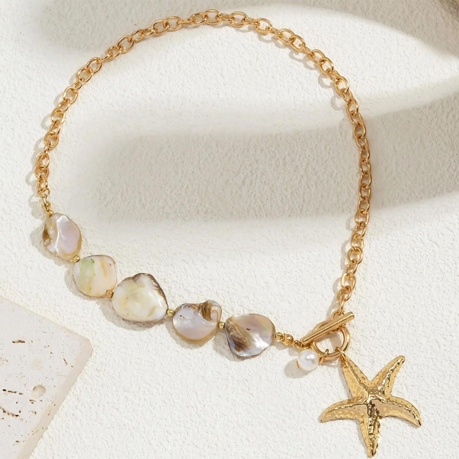 Gold Shell Starfish Necklace for Women Pearl Shell Necklace Layered Beaded Starfish Necklaces Summer Beach Surf Jewelry Gifts for Women