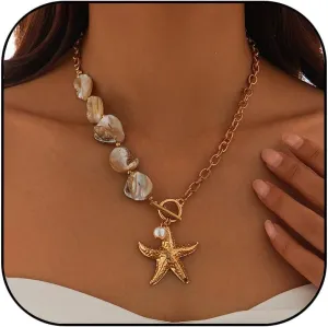 Gold Shell Starfish Necklace for Women Pearl Shell Necklace Layered Beaded Starfish Necklaces Summer Beach Surf Jewelry Gifts for Women