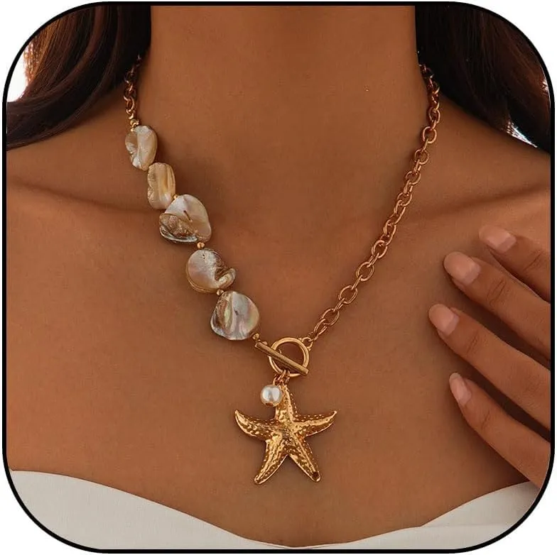 Gold Shell Starfish Necklace for Women Pearl Shell Necklace Layered Beaded Starfish Necklaces Summer Beach Surf Jewelry Gifts for Women